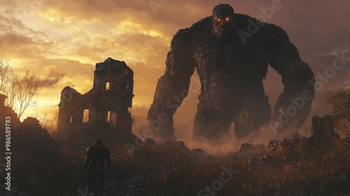 Malevolent Giant Overseeing a Desolate Village at Dusk - 3D Render Concept photo