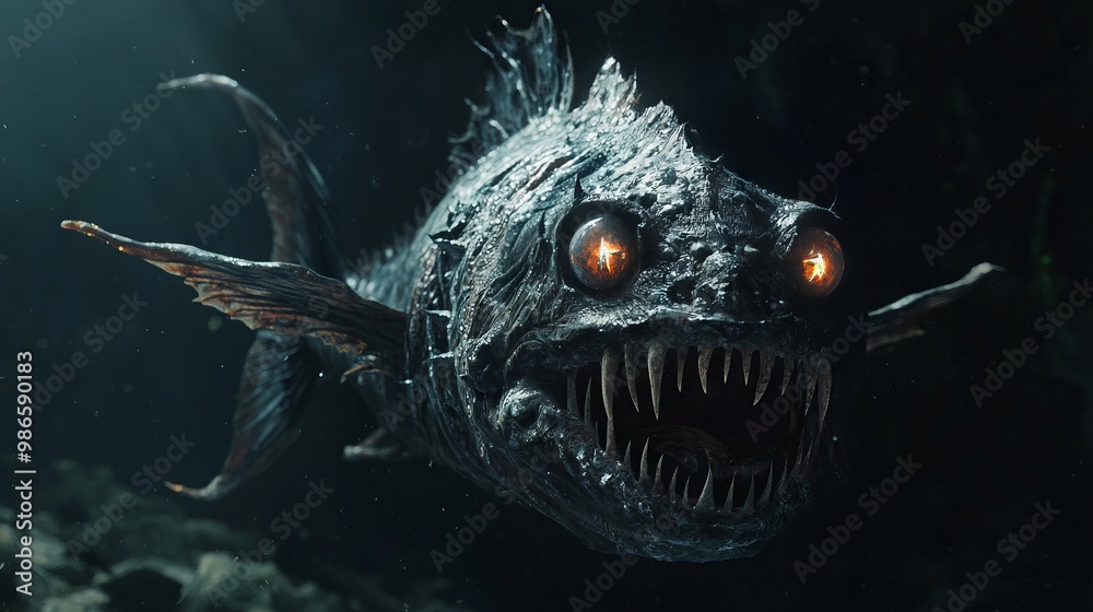 Malevolent 3D Render of Grotesque Fish-Like Creature with Glowing Eyes in Dark Ocean Depths Malevolent 3D Render of Grotesque Fish-Like Creature with Glowing Eyes in Dark Ocean Depths