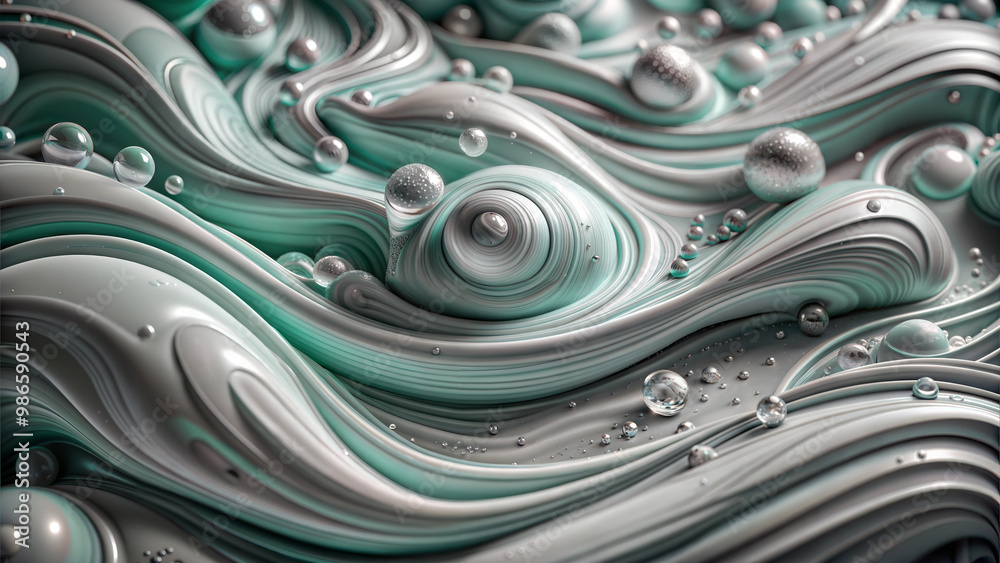 3D liquid waves and droplets, teal and silver abstract pattern, futuristic and fluid design with copy space 3D liquid waves and droplets, teal and silver abstract pattern, futuristic and fluid design with copy space