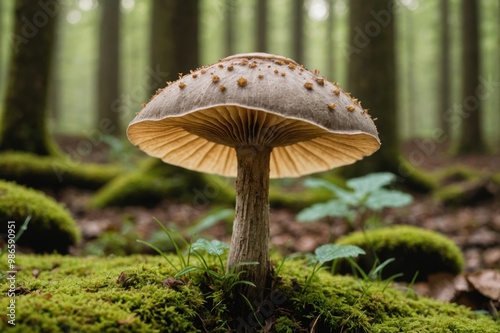 Generative ai Beautiful close up of Earth Star (Geastrum spp.) forest mushroom, soft morning light, blurred forest background photo