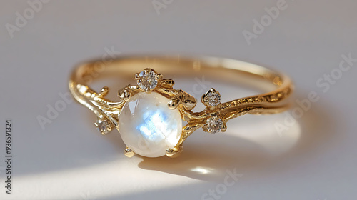 Charming moonstone and zircon ring with a translucent moonstone and a brilliant zircon in an intricate gold band