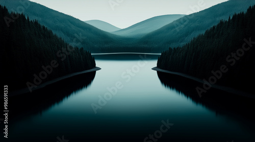 Aerial view of a calm, reflective mountain lake surrounded by dark, dense forest. The symmetrical hills and still water create a serene, isolated atmosphere with deep blue and green tones. photo