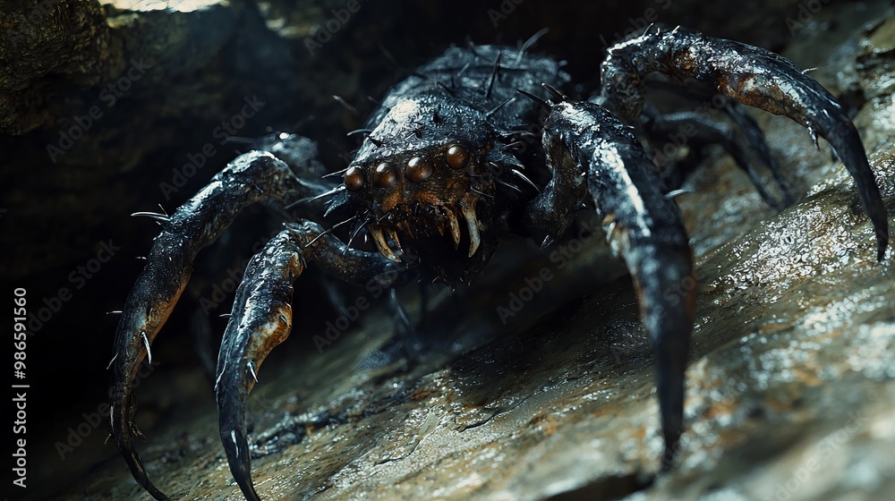 Horrifying 3D Insectoid Creature with Sharp Pincers Crawling in Dark Cave Horrifying 3D Insectoid Creature with Sharp Pincers Crawling in Dark Cave