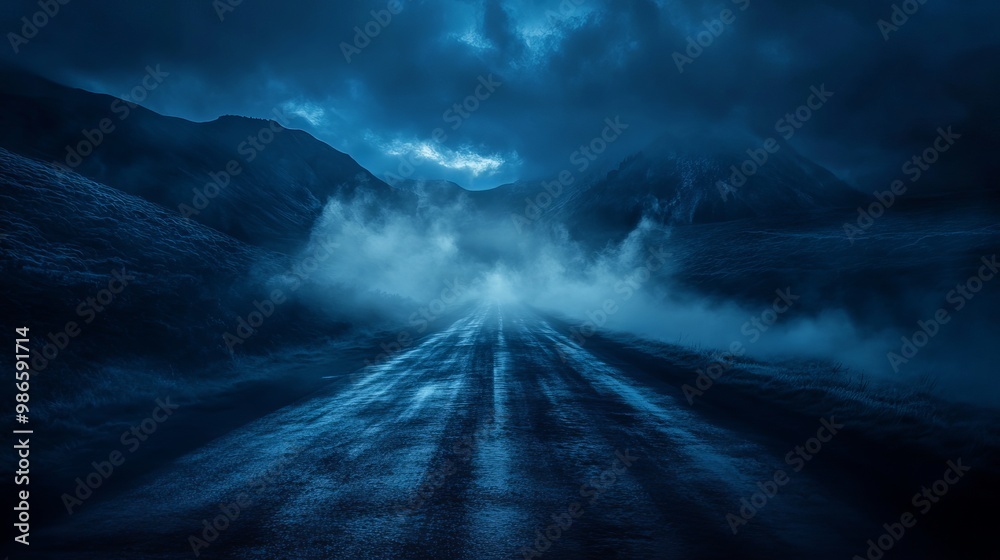 Fototapeta premium Dark, lonely street in the night. The misty mountains are shrouded in a dark blue fog, and white smoke rises from the ground. The perfect backdrop to showcase your products.