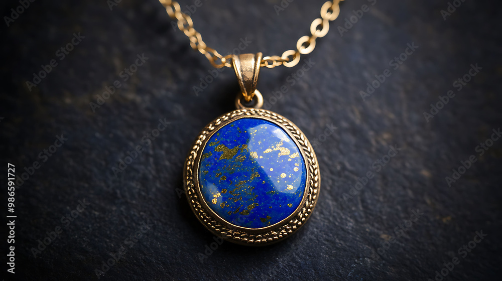 Lapis lazuli pendant with a deep blue stone speckled with gold set in an antique gold necklace Lapis lazuli pendant with a deep blue stone speckled with gold set in an antique gold necklace