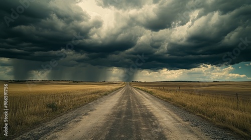 Dark, stormy clouds gather above a field and rural road, promising heavy rainfall.