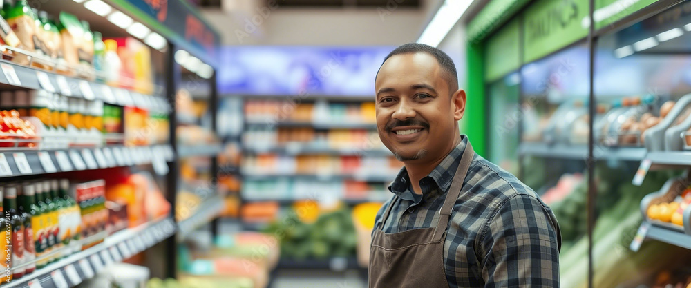 Ethnic salesman in apron standing near shelf in grocery store generative AI
