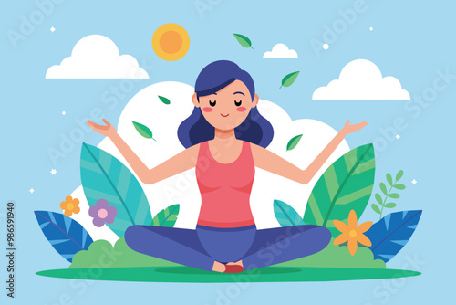 A girl engages in a yoga pose outdoors, arms lifted with palms upward, enjoying the bright day, A girl doing yoga with her arms up, palms facing the sky, in a calm pose, flat illustration.