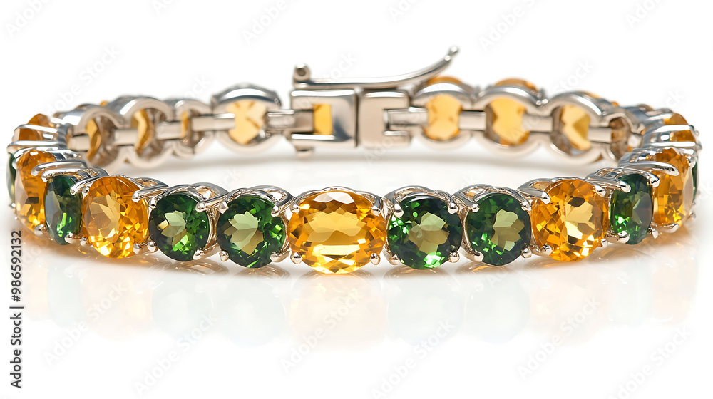 Radiant citrine and peridot bracelet with golden yellow citrine and bright green peridot stones in a bold design Radiant citrine and peridot bracelet with golden yellow citrine and bright green peridot stones in a bold design