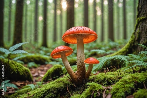Generative ai Beautiful close up of Stinkhorn forest mushroom, soft morning light, blurred forest background photo