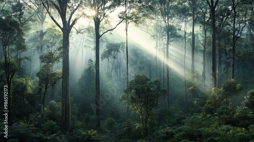 Dense forests filled with towering trees that thrive in tropical climates, where rainfall is abundant. photo