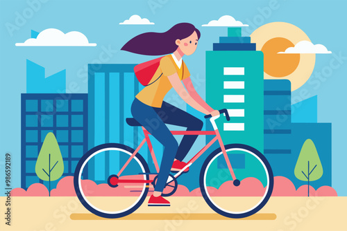 A girl in casual attire rides her bike through an urban area with tall buildings and trees, A girl in a t-shirt and tight pants rides a bicycle in the city, flat illustration.