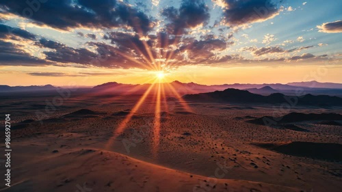Stunning desert sunrise over arid landscape with dramatic clouds and mountain silhouettes