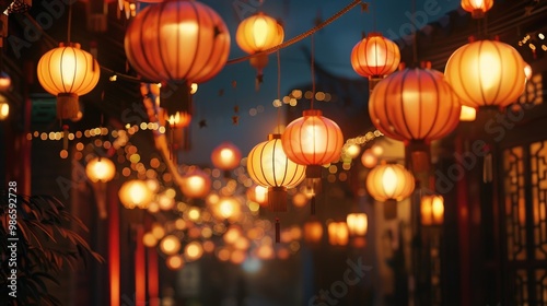 Festive Chinese lanterns glowing at night.