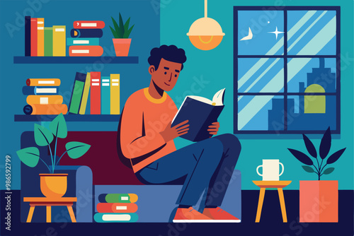 The man sits comfortably on a couch, engrossed in a book while surrounded by shelves of books at home, A man always reads books at home.