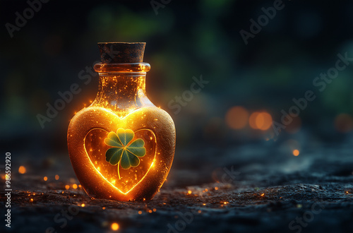 Golden Potion of Luck with a Tiny Four-Leaf Clover for Fortuitous Moments