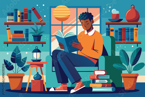 The man sits comfortably in a chair, immersed in a book surrounded by lush plants and vibrant decor, A man always reads books at home.