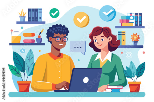 A man and woman are engaged in a productive discussion while working on a laptop in a bright workspace, A man and woman are working on a laptop at a media company.