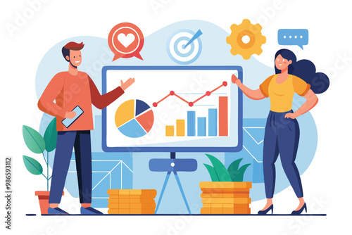 A man and woman evaluate market performance metrics while discussing strategies for improvement, A man and woman analyze a flat market improvement graph together.