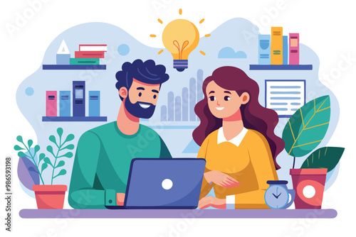 A man and woman engage in a collaborative effort, brainstorming ideas while working on a laptop, A man and woman are working on a laptop at a media company.