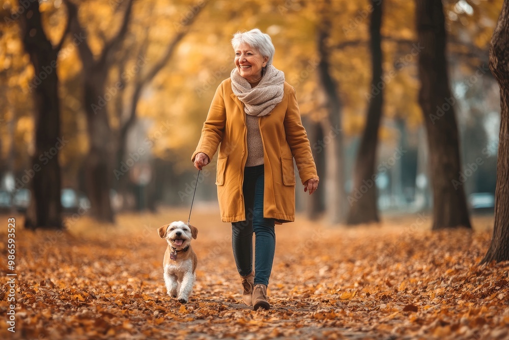 Fototapeta premium cheerful elderly female walking her small dog in park with autumn leaves on ground. senior activities