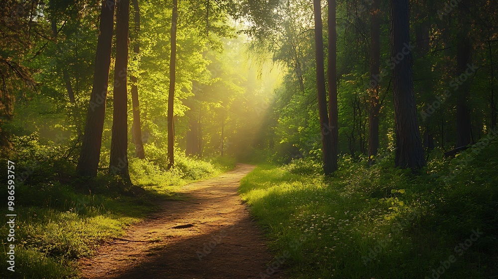 Fototapeta premium Sunbeams through the trees in a forest path with green foliage