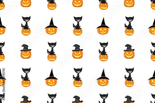 Halloween overlay seamless pattern jack-o-lanterns and grinning black cat