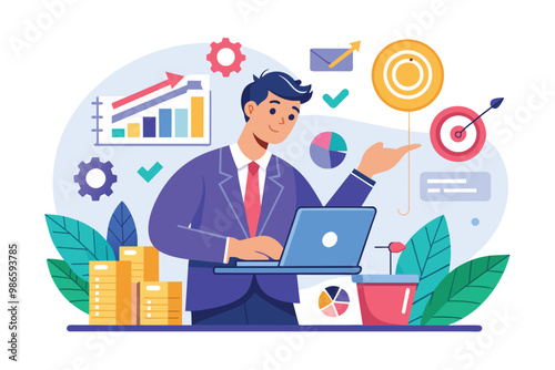A man is focused on creating a sales plan while using his laptop, surrounded by charts and graphs, A man creating a sales plan for a business, with a trending and flat illustration.