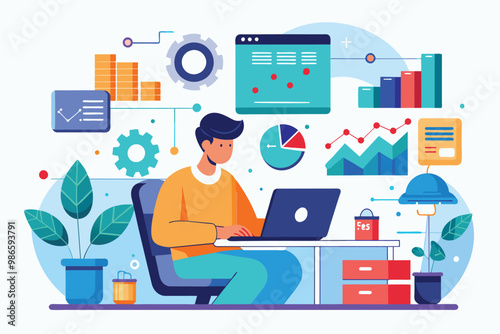 A man engaged in data analysis on his laptop, accompanied by graphs and charts in a contemporary office environment, A man handles data, simple picture.