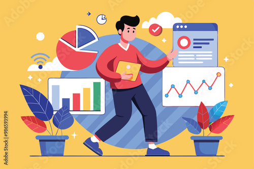 A man is actively engaging with trending data, surrounded by colorful charts and indoor plants in an office setup, A man handles trending data, flat illustration.
