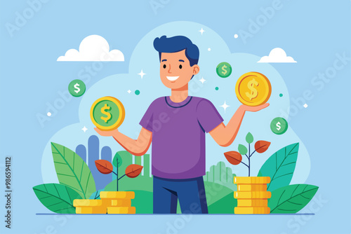 A man is holding different coins while standing amidst plants and money symbols in a vibrant backdrop, A man holding different coins, flat drawing