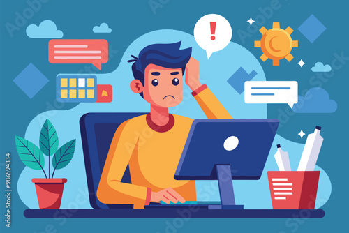A man sits at a desk looking frustrated as he faces multiple computer errors with colorful notifications around him, A man is experiencing computer errors, flat illustration.