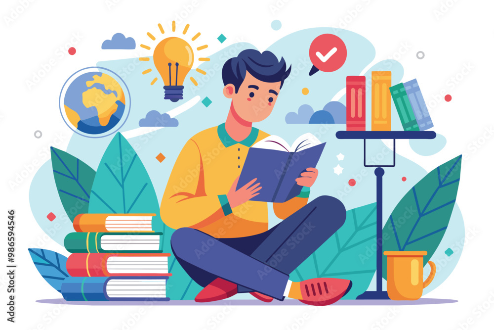 A young man is focused on reading a book while surrounded by shelves and study materials, seeking knowledge, A man is reading and searching to learn more, flat illustration. A young man is focused on reading a book while surrounded by shelves and study materials, seeking knowledge, A man is reading and searching to learn more, flat illustration.