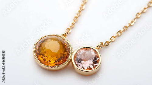 Elegant amber and morganite necklace with a golden amber stone and peachpink morganite in a delicate gold chain photo