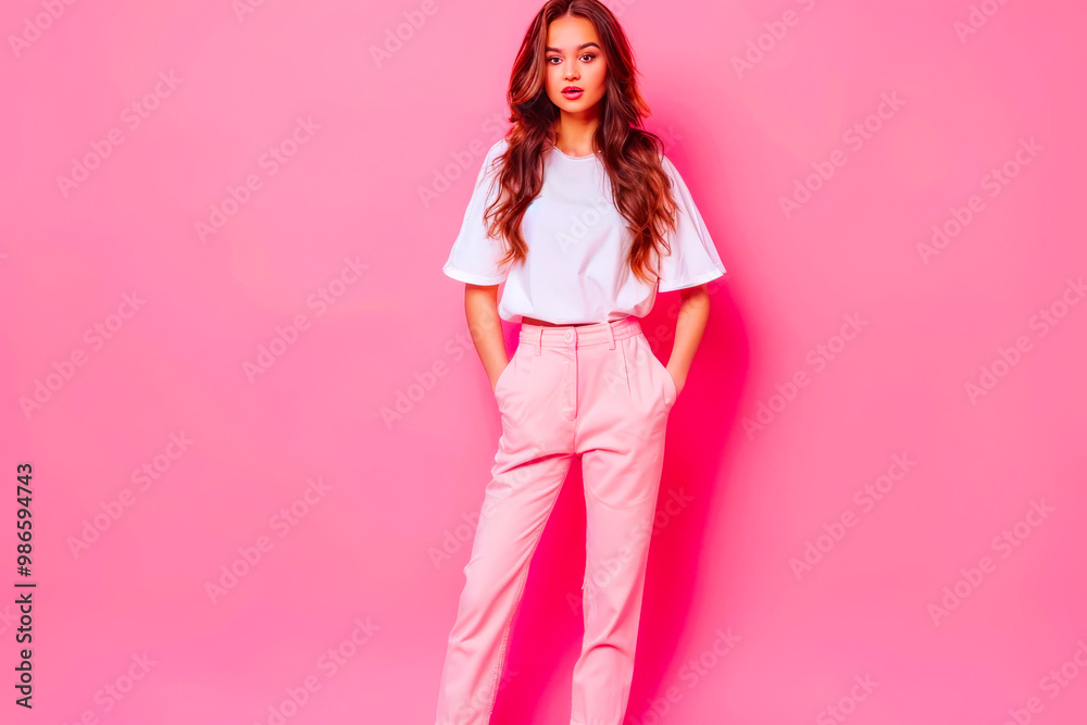 Full body photo of young pretty lady wonder look empty space modern outfit isolated over pink color background