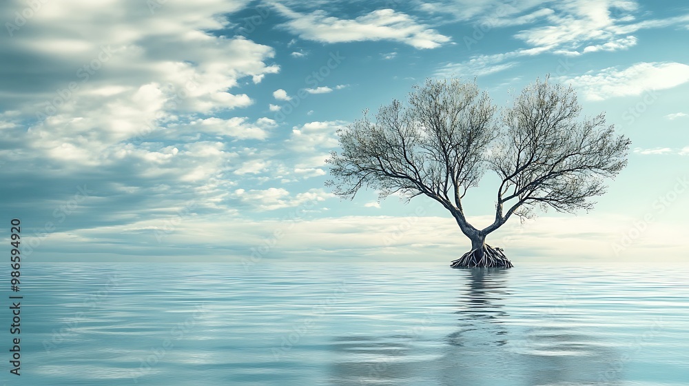Single tree standing in water with blue sky and white clouds, minimalistic landscape photography Single tree standing in water with blue sky and white clouds, minimalistic landscape photography
