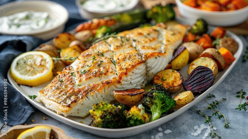 Flaky baked tilapia with roasted broccoli, lemon wedges, roasted potatoes, tartar sauce, roasted Brussels sprouts, roasted zucchini, roasted carrots, roasted red potatoes, and a side of roasted beets Flaky baked tilapia with roasted broccoli, lemon wedges, roasted potatoes, tartar sauce, roasted Brussels sprouts, roasted zucchini, roasted carrots, roasted red potatoes, and a side of roasted beets