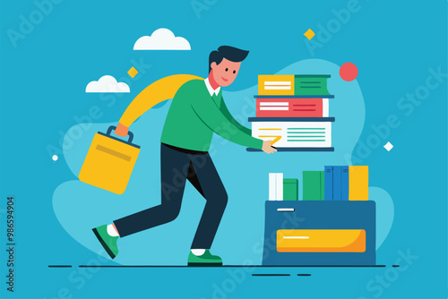 A man is actively sorting and saving important files while carrying a briefcase in a bright workspace, A man is saving files, simple drawing