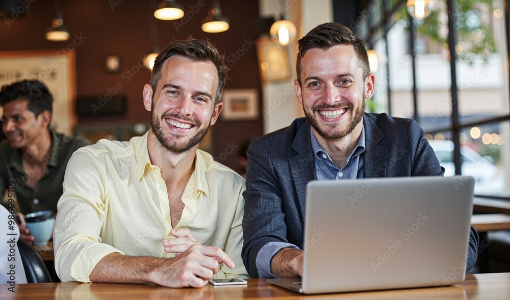 Two busy professional executive team business people working together smiling looking at computer at cafe meeting. Professional manager consulting corporate client using laptop, Two busy professional executive team business people working together smiling looking at computer at cafe meeting. Professional manager consulting corporate client using laptop,