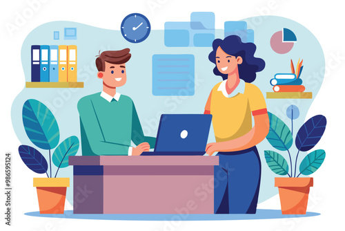 A man engaged in conversation with a receptionist at her desk, discussing details in a cheerful office, A man is speaking to a receptionist at a desk with a laptop and flat illustration.