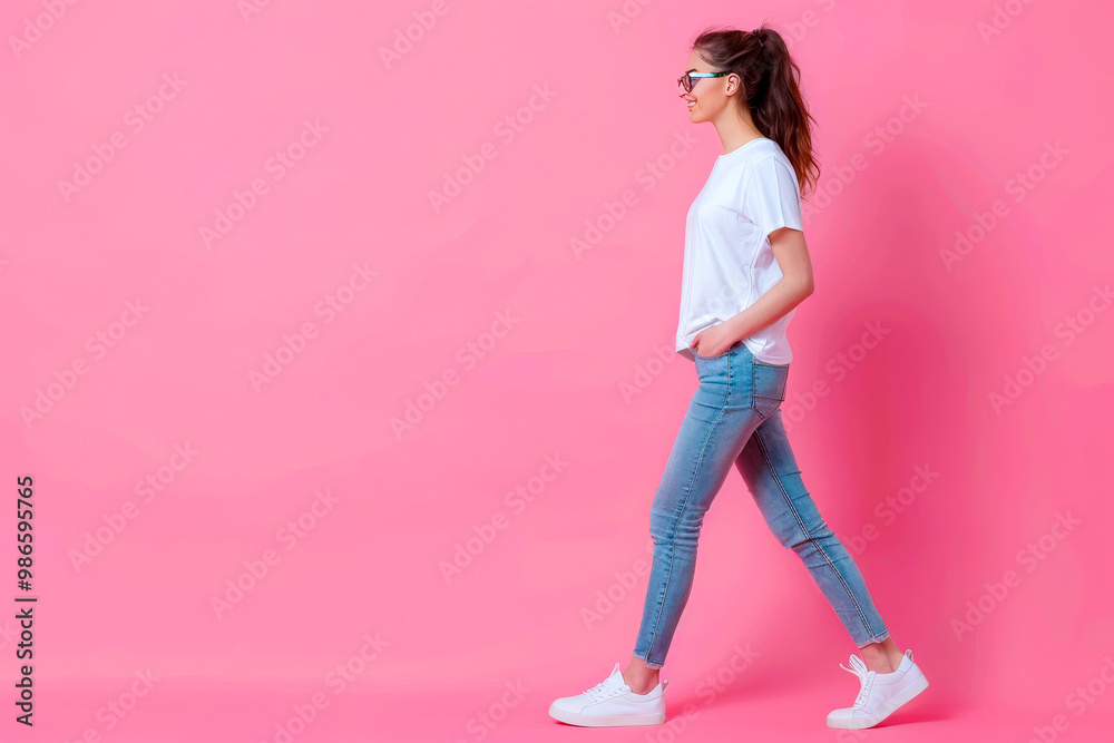 Full body profile side photo charming happy young woman walk empty space wear glasses isolated on pink color background Full body profile side photo charming happy young woman walk empty space wear glasses isolated on pink color background