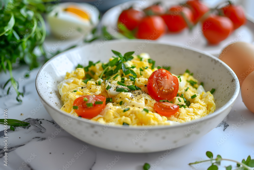 Scrambled eggs with tomatoes, breakfast, egg dish Scrambled eggs with tomatoes, breakfast, egg dish