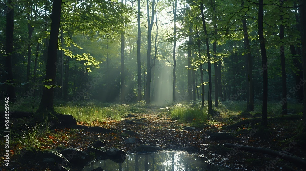 Fototapeta premium Sunlight streaming through a misty forest path, scenic nature background