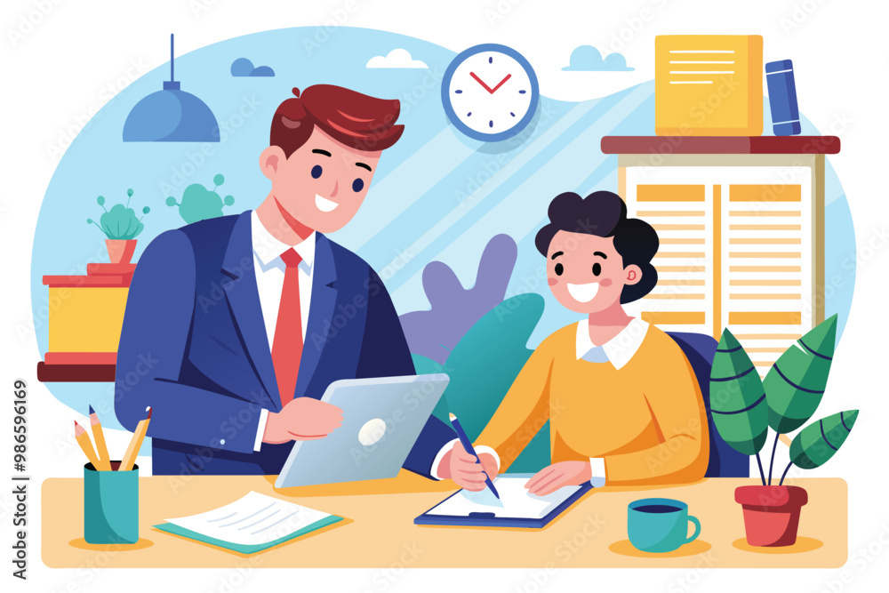 A man assists a woman in signing a business partnership agreement at a modern office desk, A man signs a business partnership agreement.