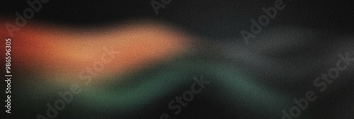 Grainy noisy poster background, dark grayish green and bright orange color wave, black backdrop, noise texture effect photo