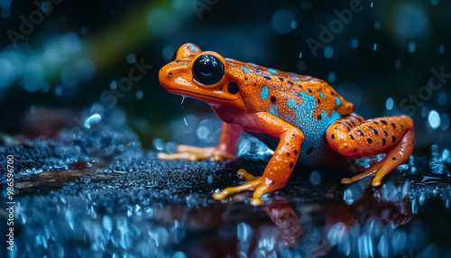 Orange poisonous frog in rain forrest photo