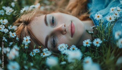 A young women laying in a field of daisy flowers, 