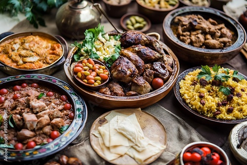 Middle Eastern Feast,  Traditional Arabic Food, Delicious Dishes, Table Setting, Ramadan photo