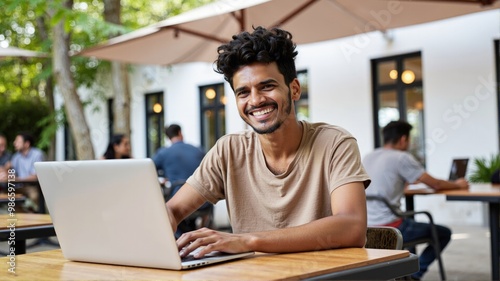 busy professional business man working on business using laptop in cafe smile, smiling