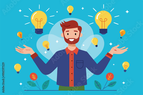 A cheerful man stands with his arms outstretched, surrounded by glowing light bulbs that symbolize creativity, A man with many bright ideas, simple illustration.